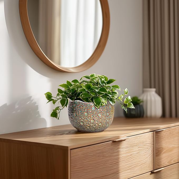 Ceramic Plant Pots - 6 Inch Plant Pot with Drainage Hole and Plug, Unique Planter for Indoor Plants Outdoor, Modern Planter, Round Orchid Pot, Room Decor, House Warming Gifts, Speckled-brown