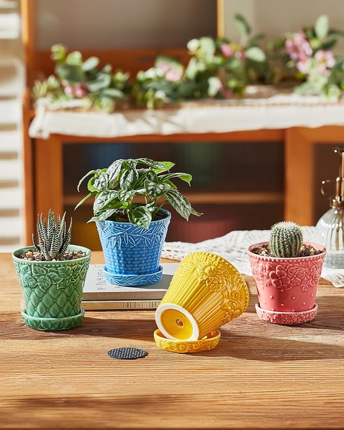 Metahom Succulent Ceramic Pots, 3.8 Inch Small Plant Pots with Drainage Hole & Saucer, Flower Planter Pot for House Plants Cacti, Home Decor, Set of 4, Assorted Colors