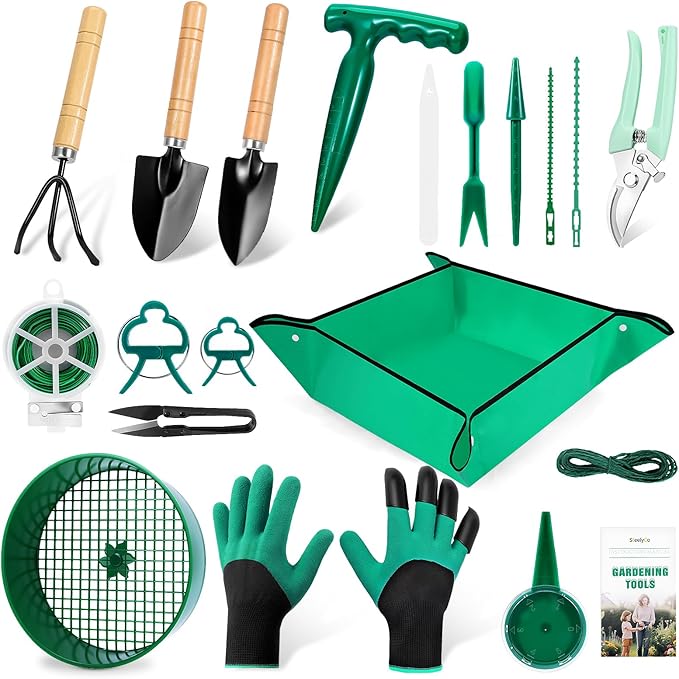 Gardening Tool Set, 18PCS Indoor Plant Tools for Succulents, Bonsai & Herbs, Mini Garden Tools with Repotting Mat for Indoor Plants, Soil Scoop, Pruner, Gloves, Plant Ties & Labels