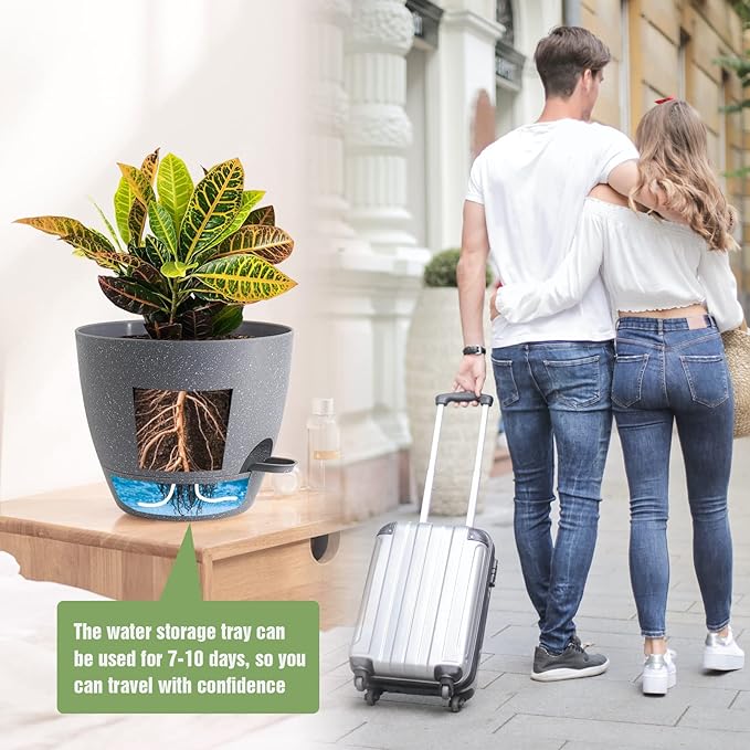 UOUZ 10/9/8 inch Self Watering Pots, Set of 3 Plastic Planters with Mesh Drainage Holes and Deep Reservoir for Indoor Outdoor Garden Plants and Flowers, Grey Speckles
