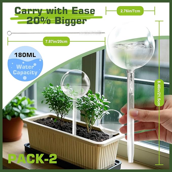 Self Watering Globes, Glass Clear Plant Watering Globes, Self Watering Planter Insert for Indoor & Outdoor Potted, Self Watering Planter Insert Spikes Devices for Everyday or Vacation Use, 2 Pack