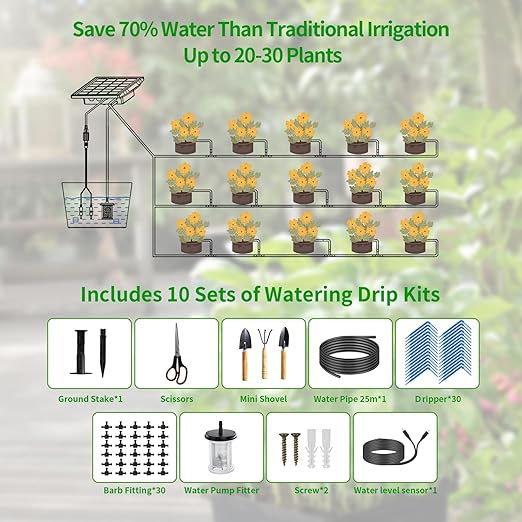 82FT Solar Drip Irrigation System, Auto Watering Kit for 20-30 Pots, Solar-Powered Plant Watering, 25 Timer Modes, 900ml/min Flow Indoor/Outdoor Garden, Balcony & Patio Irrigation System
