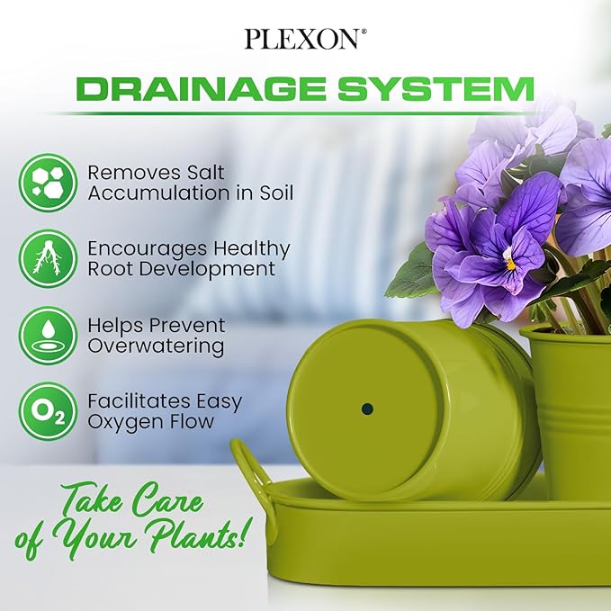 Plexon Herb Planter Indoor Garden Set of 3 with Tray, Metal Herb Pots for Indoor Plants, Round Kitchen Garden Kit Ideal for Windowsill Planter or Countertop, Green Powder Coated