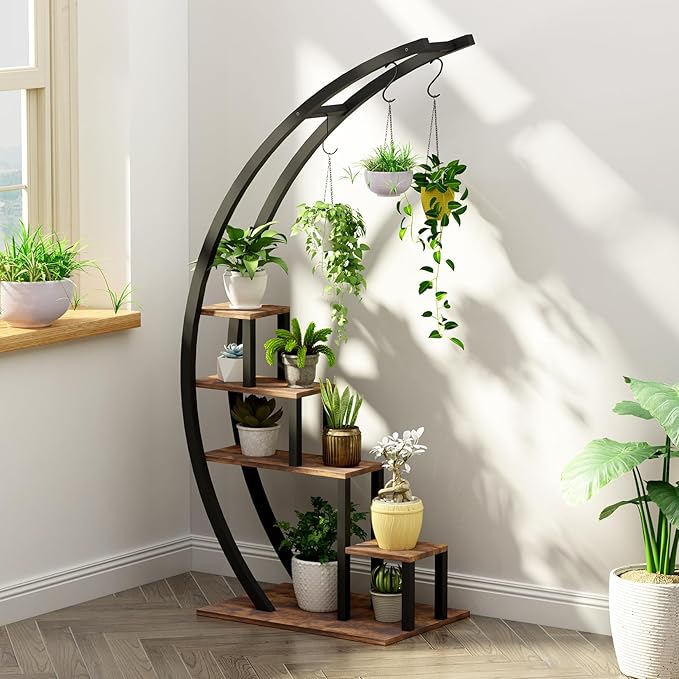 GarveeLife Plant Stand Indoor 5 Tier Tall, Metal Half Moon Plant Shelf 2 Pack, Stylish Tiered Flower Rack for Multiple Plants Display, Tall and Space-Saving Design
