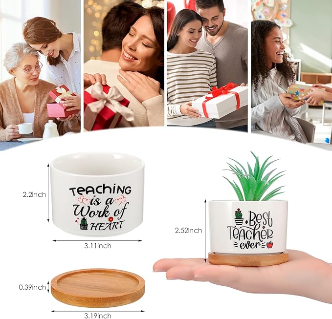 Potchen 6 Pcs Teacher Appreciation Gifts Bulk Succulent Pots Thank You for Helping Me Grow Planter with Bamboo Tray Funny Ceramic Succulent Gifts for Teacher, Women, Coworker