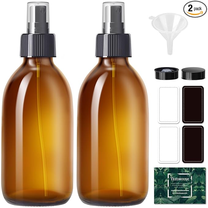 Tecohouse Amber Glass Spray Bottles 8.8 oz, 2 Pack Empty Spray Bottle for Essential Oils, Small Glass Bottles for Cleaning Solutions, Plants, Hair with Durable Nozzle, Labels, Funnel