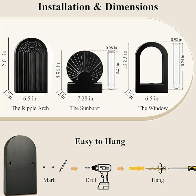 TBWIND Wooden Wall Vases Set of 3, Modern Farmhouse Arch Propagation Station with Glass Planter Tubes, Boho Fluted Hanging Decor for Entryway, Living Room & Narrow Spaces Black