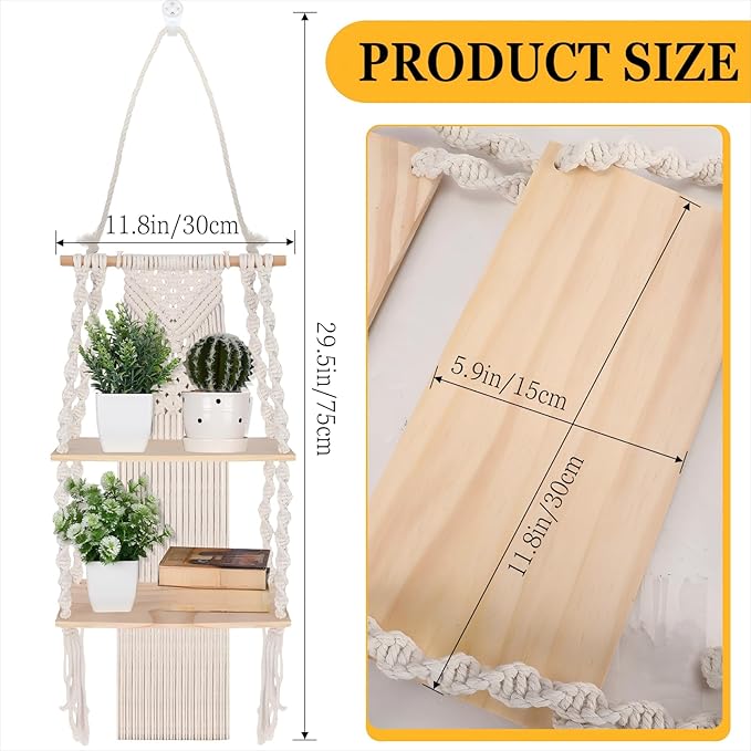 Barydat 2 Pack Macrame Wall Hanging Shelf 2 Tier Handmade Boho Hanging Wall Shelf Floating Woven Rope Decorative Storage Racks Holder Organizer for Home Bedroom Bathroom Plants, Beige (Classic)