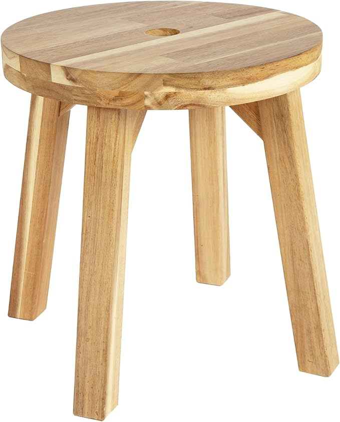 ARROWSTONE Wooden Round Stool 12 inches with Handle Hole – Solid Wood for Bathroom, Kitchen, Patio, Makeup stools & Indoor uses, Compact & Water-Resistant