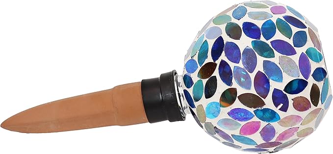 Sunnydaze Mosaic Glass Plant Watering Globe with Clay Spike - Decorative Self-Watering Planter Insert - Water Dripper for Plants - 9.5" - Spring Petals