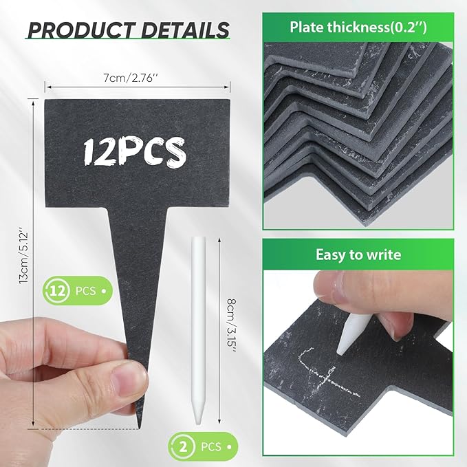 Wesiti 12 Pcs Reusable Slate Plant Labels T Type Plant Tags Garden Label Stakes Waterproof Garden Signs with Stone Chalks