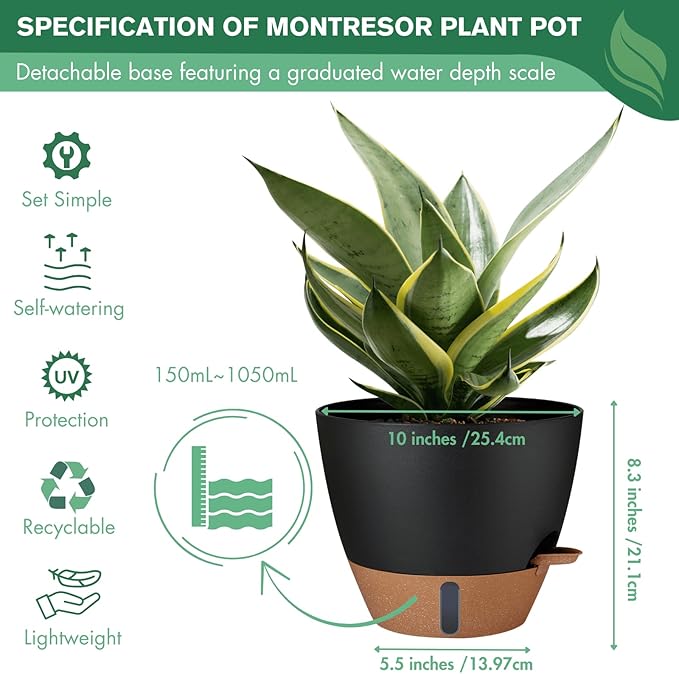 montresor 2 Pack 10 inch Plant Pots, PP Plastic Self Watering Plant Pot with Drainage and Tray for Indoor Outdoor Plants, Water Level Window & Reservoir Flower Pots Decorative Planter