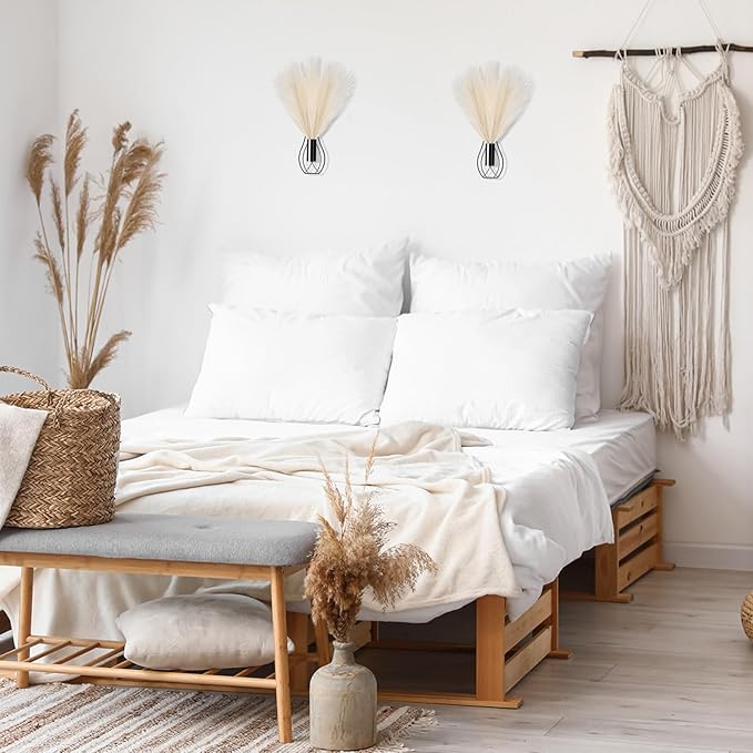 Otoolling 2 Pieces Hanging Plant Wall Decor with Artificial Pampas Grass Metal Hanging Vase Modern Geometric Farmhouse Bohemian Wall Art for Living Room Bedroom Kitchen Office(Black, Beige)