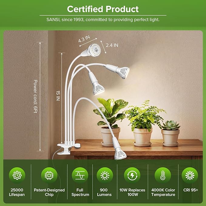 Grow Lights for Indoor Plants, LED 40 W Full Spectrum Bulb Replaceable Plant Light, 600 W Equivalent Clip on Grow Light with Optical Lens for Indoor Growing, Lifetime Free Bulb Replacement