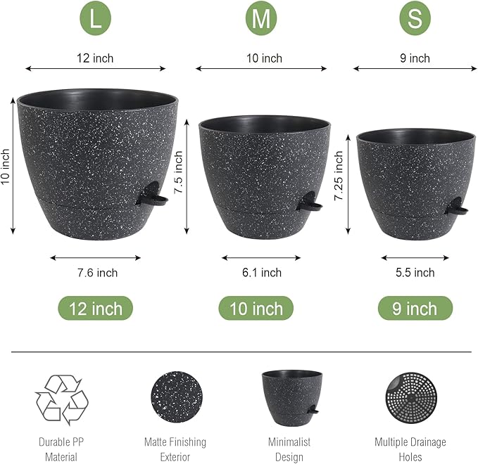 UOUZ Large Self Watering Pots, 12/10/9 Plastic Planters with High Drainage Holes and Deep Reservoir for Indoor Outdoor Garden Plants and Flowers, Black Speckles
