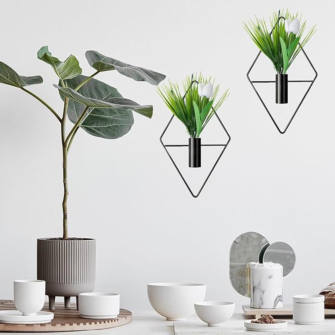 REDANHA 2 Pieces Diamond Shape Hanging Planters with Artificial Plants Metal Hanging Vase Indoor Plants Geometric Wall Decor for Bedroom Living Room Office(Black)
