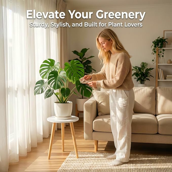 Modern Wood Plant Stand Indoor - Tall Plant Table for Flower Pot - Small Round Side End Table & Wooden Stool - Heavy Duty Large Planter Holder for Living Room Bedroom & Bathroom