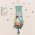 Stuffed Animal Storage Hammock, 63'' Jumbo Boho Macrame Corner Toy Hammock Wall Hanging Net Holder for Nursery Teddy Plushie, Turquoise Plush Toy Net with Star Light for Baby Boys Girls Gift