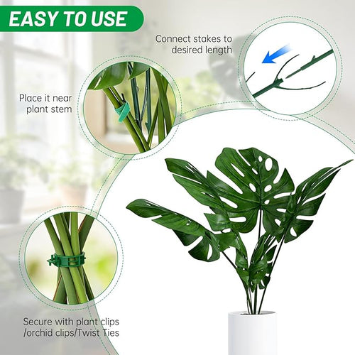 10 Pack Stackable Monstera Plant Support Stakes with 2 Rolls Velcro Ties & 20 Clips, Adjustable Plant Stakes for Indoor Plants, Plant Sticks Support Tall Pothos Climbing