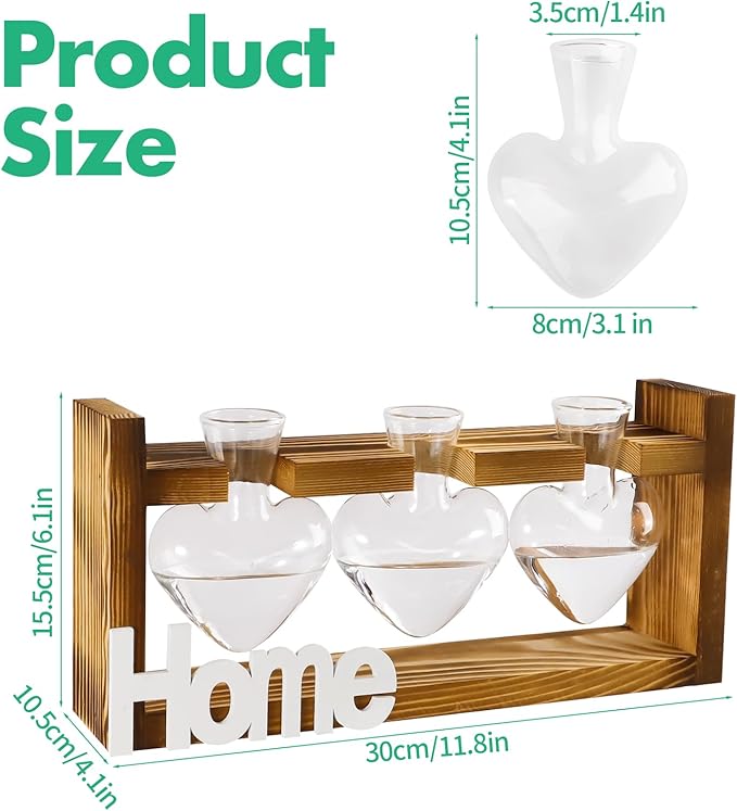 IBEUQEM Heart-Shaped Plant Propagation Station, 3 Glass Plant Terrarium with Wooden Stand, Borosilicate Glass, Hydroponic Planter for Office Garden Home Decor, for Women Lovers