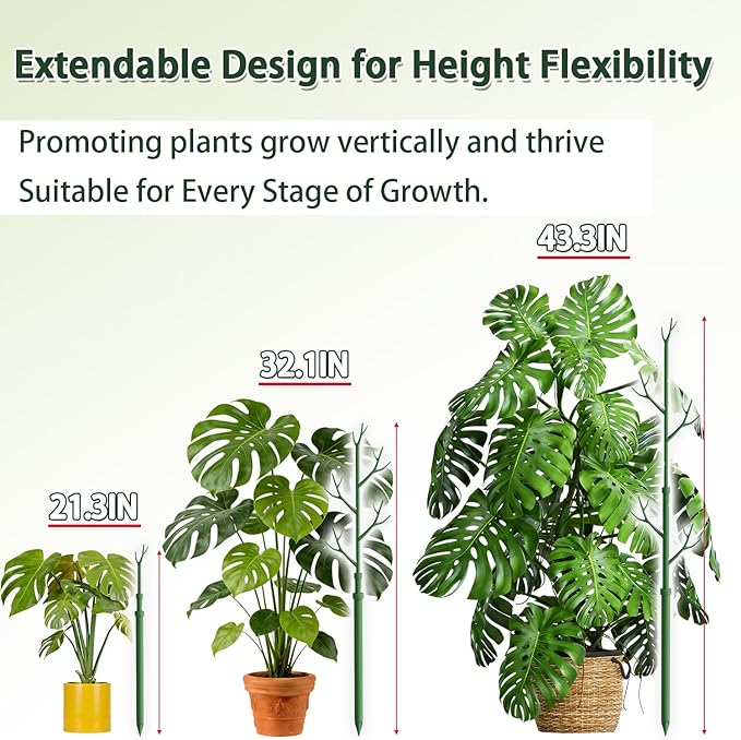 Telescoping Monstera Plant Support Stakes,17.3IN to 43.3IN Detachable Branch Plant Sticks Support Tall for Indoor Outdoor Climbing Plants,Adjustable Length Plant Accessories for Potted Plant-2 Pack