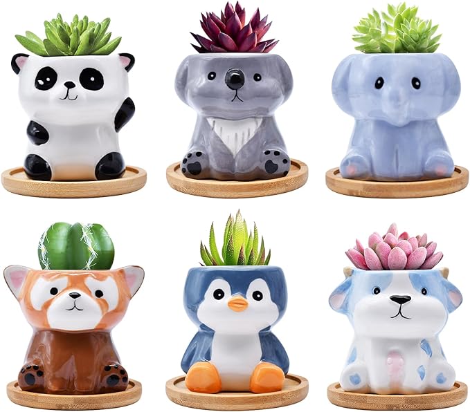 6 Pack Animal Ceramic Succulent Pots with Drainage – Mini Cute Planters with Bamboo Trays for Indoor Plants & Cactus, Adorable Animal Pots for Desk, Office, Home Decor, Gift for Kids & Plant Lovers