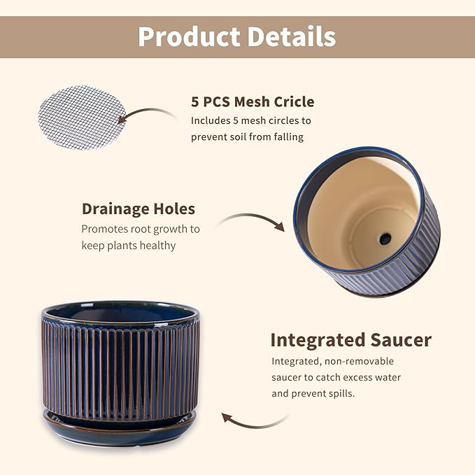SURE YUESI Navy Blue Ceramic Plant Pots Set of 3 (4.3”+5.5”+6.7”), Indoor Striped Planters with Drainage Hole, Mesh Pads, Decorative Pots for Plants & Gardening