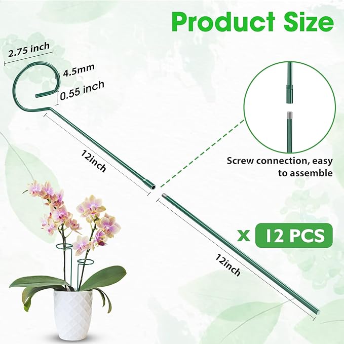 Unves 12 Pack Plant Stakes, 24 Inch Garden Plant Support Stakes, Green Single Stem Plant Cage for Outdoor & Indoor Plants Orchid, Tomatoes, Peony, Lily, Rose, Sapling with 100 Pcs Twist Ties