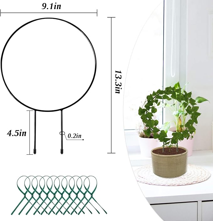Legigo Black Metal Plant Trellis - Iron Vine Support Wire with 10 Twist Ties for Potted Flowers (2 Circle)