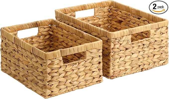 StorageWorks Wicker Storage Baskets, Handwoven Water Hyacinth Basket for Organizing, Decorative Organizers with Built-in Handles, Set of 2