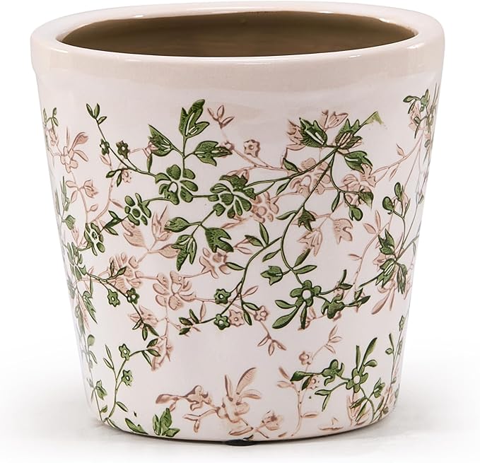 Teweiqi Ceramic Planter with Drainage Hole, Plastic Tray & Mesh, 6 Inch - Indoor/Outdoor Flower Pot for Orchids, Succulents, Green Floral Modern Farmhouse Décor for Home,Office and Garden, Ideal Gift