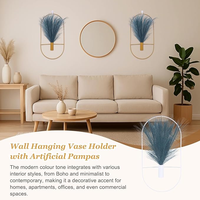 uxcell 2 Pcs Wall Decor Metal White Wall Art Hanging Planters with Artificial Pampas, Wall-Mounted Decor Metal for Display Artwork Plant Hanging Living Room Bedroom, Blue (Oval)