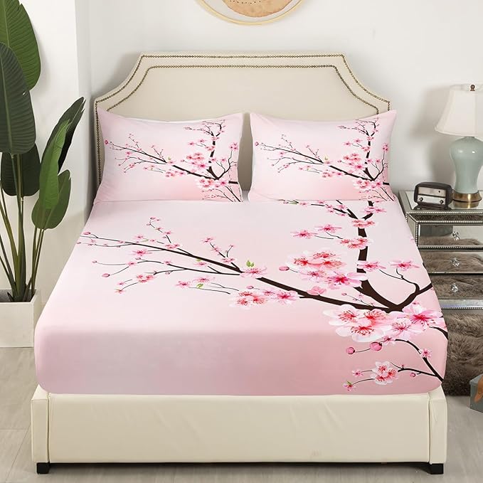 Feelyou Girls Twin Sheets Cherry Blossom Floral Bed Sheet Set for Kids Women Teens Bedroom Super Soft Flowers Pink Decor Bedding Set (1 Flat Sheet,1 Deep Pocket Fitted Sheet, and 1 Pillow Case)