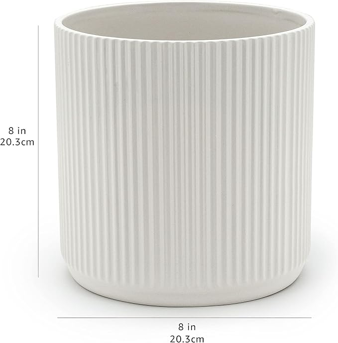 Amazon Basics Fluted Ceramic Round Planter with Drainage Hole, 8-inch, White, Indoor Outdoor, Modern Decorative for Indoor Plants