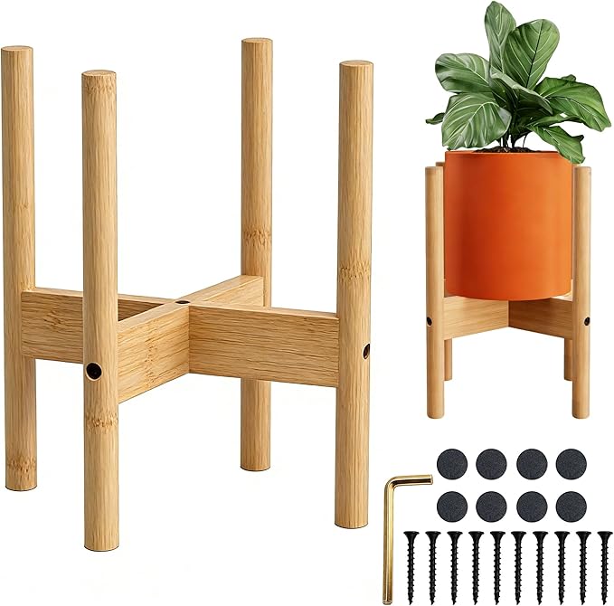 ALIGADO 2 Pack Bamboo Plant Stands Indoor, for Up to 12 Inch Pots, Built to Fit Corners, Sturdy & Stable Design, Natural Wood Color