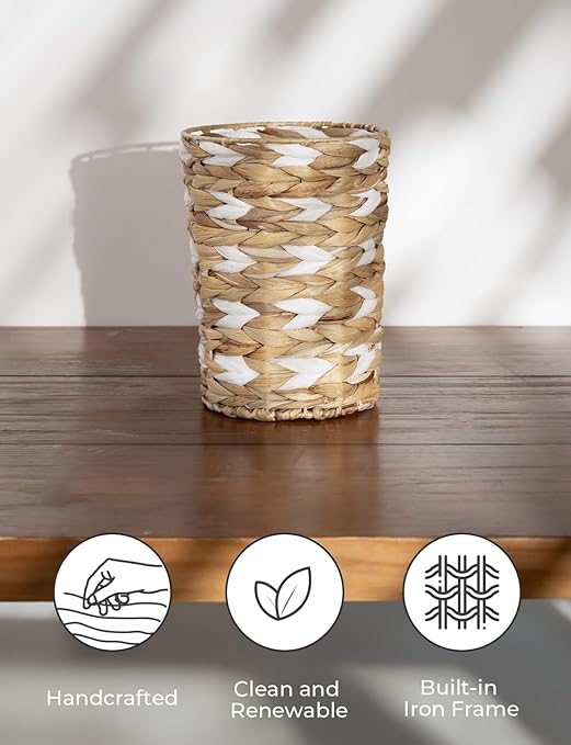 StorageWorks Wicker Waste Basket, Small Trash Can, Rattan Trash Basket with Handwoven Water Hyacinth and Paper Rope, Wicker Garbage Can for Bathroom, Bedroom, 1 Pack