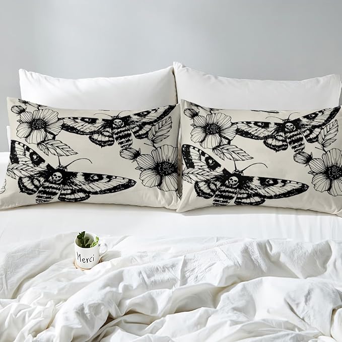 Feelyou Gothic Skull Bedding Set Decorative Death Moth and Flowers Sheet Set Queen Size for Kids Teens Adults Bedroom Decor Breathable Pesonalized Skeleton Bones Bed Sheet Set Black Cream Bed Sheets