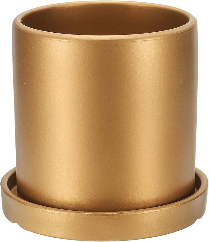 PATIKIL 5 Inch Ceramic Plant Pots, Modern Flower Planters with Drainage Holes and Tray for Decorate Home Indoor Plants Succulent Herb, Gold