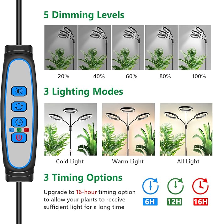 Aumtrly Grow Lights for Indoor Plants, 3 Head Full Spectrum Plant Light with 68" Adjustable Stand for Growing Large Tall Plants, Black Halo Floor LED Grow Lamp with 16 Hour Timer