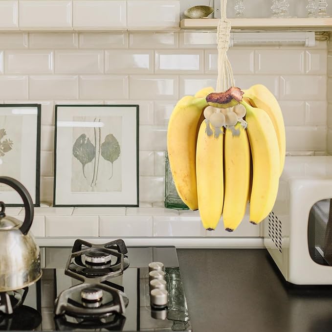 Cabilock Banana Hanger Cotton Rope with Wooden Beads Hanging Fruit Storage Organizer for Kitchen Cabinet or Countertop