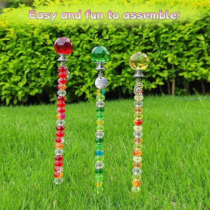 72Pcs Beaded Garden Stakes Kit - DIY Fairy Wand Garden Stake Beads Kit, Fairy Garden Accessories Outdoor for Different Festivals, Beadable Items Ball-(Red+Green+Yellow)