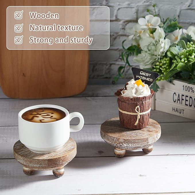 Yalikop Set of 2 Mini Wood Risers for Decor Round Wooden Riser Small Wooden Stool Display Stand Farmhouse Rustic Wood Pedestal for Plant Pot Tiered Tray Decor Cake Food Collection Display(Brown)