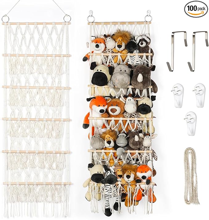 42cm Wide Over the Door Stuffed Animal Storage Hammock Corner Wall Hanging Storage Holder Boho Macrame Plush Toy Organizer Net for Stuffed Animal (Beige)