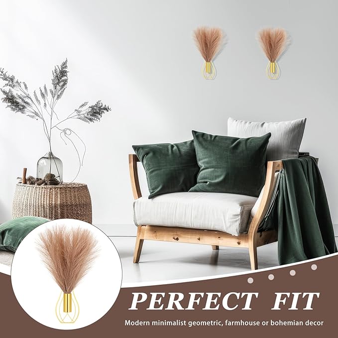 Otoolling 2 Pieces Hanging Plant Wall Decor with Artificial Pampas Grass Metal Hanging Vase Modern Geometric Farmhouse Bohemian Wall Art for Living Room Bedroom Kitchen Office(Gold, Light Brown)