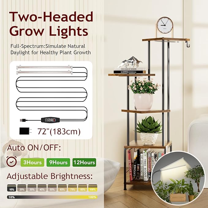 Homsorout Plant Stand Indoor with Grow Light, 5-Tiered Tall Plant Stand Indoor, Metal Plant Shelf with Hanging Basket Hook and Adjustable Light, Ideal for Living Room, Garden, Patio (Black Brown)