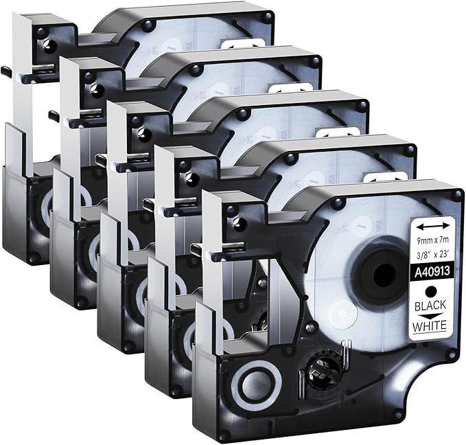 GREENCYCLE 5 Pack 40913 D1 Label Maker Refills S0720680 Black on White Tape Compatible for DYMO LabelManager 210D 220P 260P 280 420P LM160 350 360D 450 COLORPOP LMPnP LP250, 3/8" (9mm) x 23ft (7m)