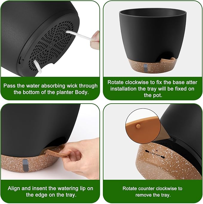 QRRICA Self-Watering Plant Pots with Water Level Indicator, Drainage Holes & Saucers – 12/10/9 Inch Large Plastic Planter Set for Indoor & Outdoor Plants(Black)