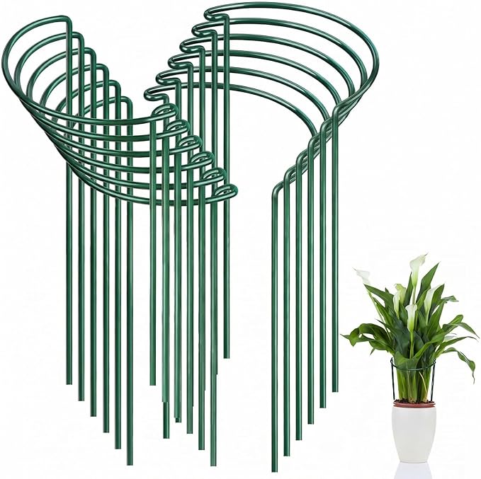 FEED GARDEN 12 Pack Plant Support Stakes, Peony Cages and Supports, Metal Garden Plant Stake(10" Wide x 16" High) Green Half Round Plant Support Rings for Outdoor Indoor Plants, Tomato, Hydrangea