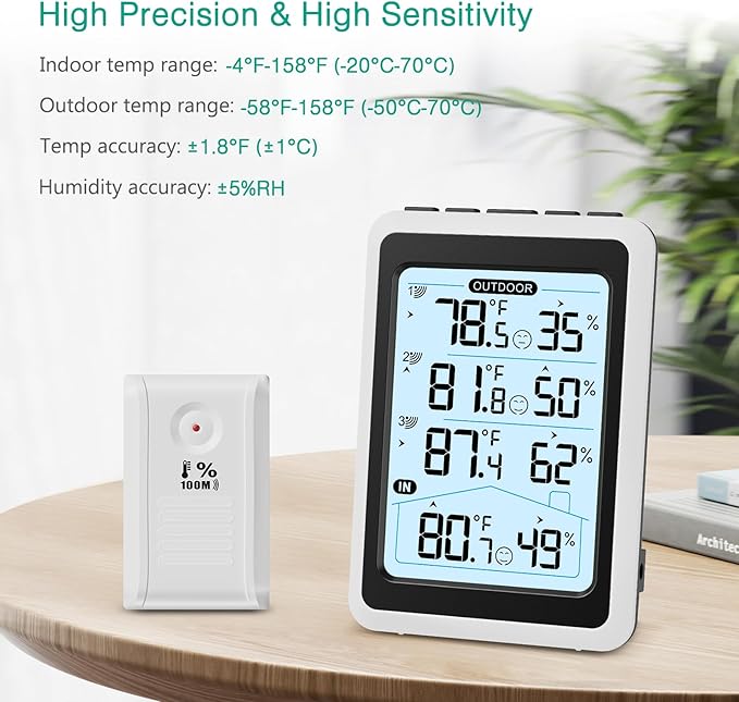 ORIA 3 Sensor Wireless Indoor Outdoor Thermometer Hygrometer, Digital Temperature Humidity Monitor with Backlit Display, Min/Max Records, Celsius/Fahrenheit Switch for Home, Garden, Greenhouse