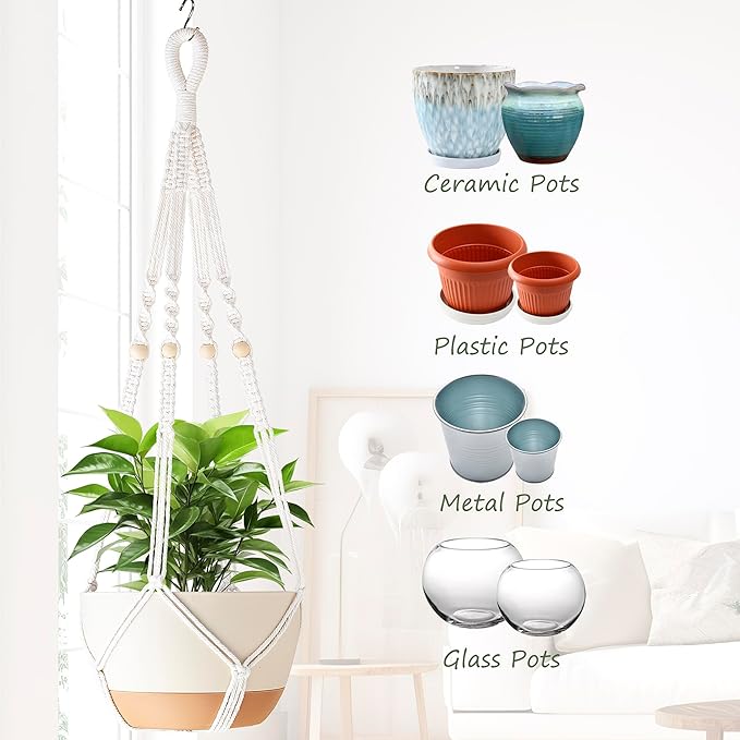 35 Inch Macrame Plant Hanger Indoor with Wood Beads and No Tassels,Strong Hanging Planter Flower Pot Holder for Indoor Outdoor Boho Home Decor,Set of 2,Ivory(Pots Not Included)